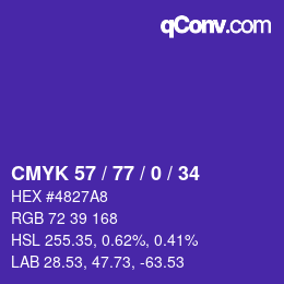 カラーコード: CMYK 57 / 77 / 0 / 34 | qconv.com