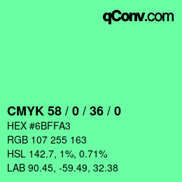カラーコード: CMYK 58 / 0 / 36 / 0 | qconv.com