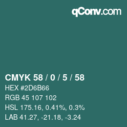 Code couleur: CMYK 58 / 0 / 5 / 58 | qconv.com