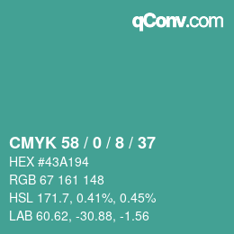 Color code: CMYK 58 / 0 / 8 / 37 | qconv.com