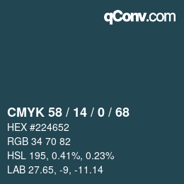 Color code: CMYK 58 / 14 / 0 / 68 | qconv.com
