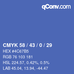 カラーコード: CMYK 58 / 43 / 0 / 29 | qconv.com