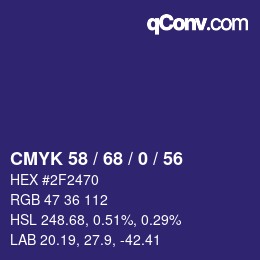 Color code: CMYK 58 / 68 / 0 / 56 | qconv.com