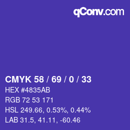 カラーコード: CMYK 58 / 69 / 0 / 33 | qconv.com