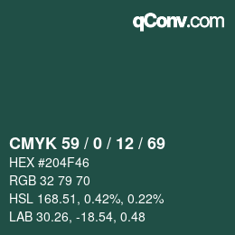 Code couleur: CMYK 59 / 0 / 12 / 69 | qconv.com