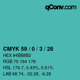 Code couleur: CMYK 59 / 0 / 3 / 28 | qconv.com