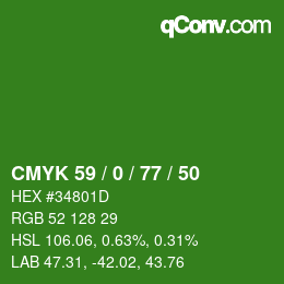 Farbcode: CMYK 59 / 0 / 77 / 50 | qconv.com