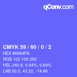 カラーコード: CMYK 59 / 60 / 0 / 2 | qconv.com