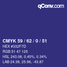 Color code: CMYK 59 / 62 / 0 / 51 | qconv.com