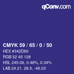 Farbcode: CMYK 59 / 65 / 0 / 50 | qconv.com