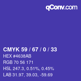 カラーコード: CMYK 59 / 67 / 0 / 33 | qconv.com