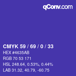 Farbcode: CMYK 59 / 69 / 0 / 33 | qconv.com
