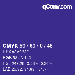 カラーコード: CMYK 59 / 69 / 0 / 45 | qconv.com