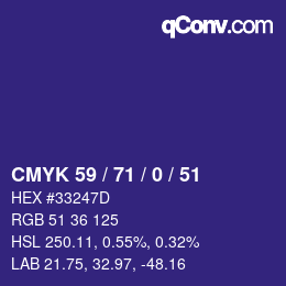 Code couleur: CMYK 59 / 71 / 0 / 51 | qconv.com