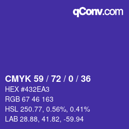 カラーコード: CMYK 59 / 72 / 0 / 36 | qconv.com