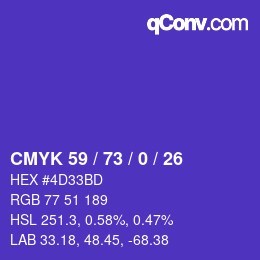 カラーコード: CMYK 59 / 73 / 0 / 26 | qconv.com