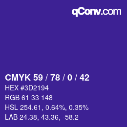 Color code: CMYK 59 / 78 / 0 / 42 | qconv.com