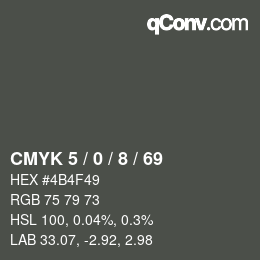 カラーコード: CMYK 5 / 0 / 8 / 69 | qconv.com