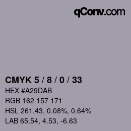 カラーコード: CMYK 5 / 8 / 0 / 33 | qconv.com