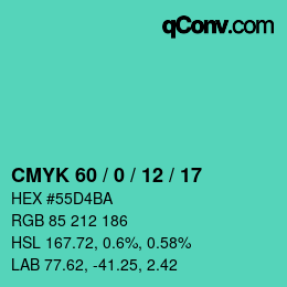カラーコード: CMYK 60 / 0 / 12 / 17 | qconv.com