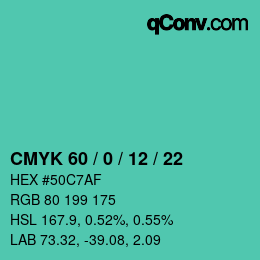 カラーコード: CMYK 60 / 0 / 12 / 22 | qconv.com