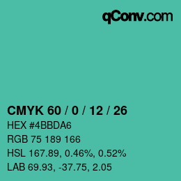 カラーコード: CMYK 60 / 0 / 12 / 26 | qconv.com