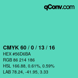 カラーコード: CMYK 60 / 0 / 13 / 16 | qconv.com