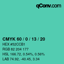 カラーコード: CMYK 60 / 0 / 13 / 20 | qconv.com