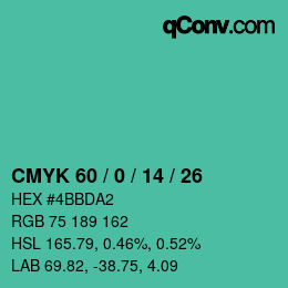 颜色代码: CMYK 60 / 0 / 14 / 26 | qconv.com
