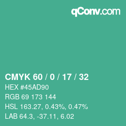 カラーコード: CMYK 60 / 0 / 17 / 32 | qconv.com