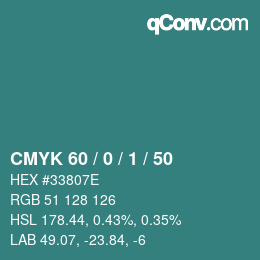 颜色代码: CMYK 60 / 0 / 1 / 50 | qconv.com