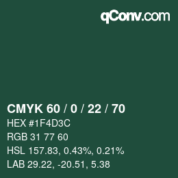 Farbcode: CMYK 60 / 0 / 22 / 70 | qconv.com