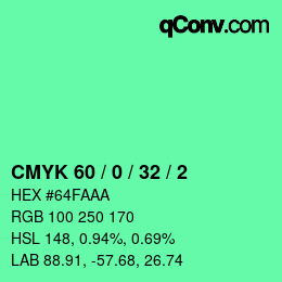 カラーコード: CMYK 60 / 0 / 32 / 2 | qconv.com