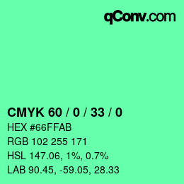 カラーコード: CMYK 60 / 0 / 33 / 0 | qconv.com