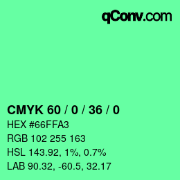 カラーコード: CMYK 60 / 0 / 36 / 0 | qconv.com