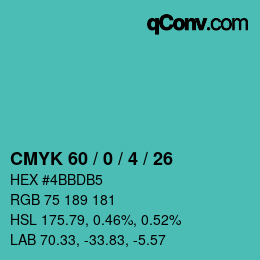 Color code: CMYK 60 / 0 / 4 / 26 | qconv.com