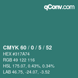 Color code: CMYK 60 / 0 / 5 / 52 | qconv.com