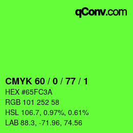 Color code: CMYK 60 / 0 / 77 / 1 | qconv.com