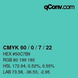 颜色代码: CMYK 60 / 0 / 7 / 22 | qconv.com