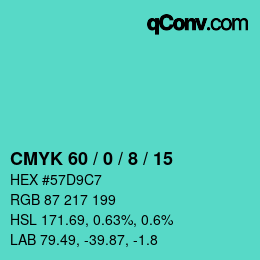 カラーコード: CMYK 60 / 0 / 8 / 15 | qconv.com