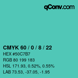 カラーコード: CMYK 60 / 0 / 8 / 22 | qconv.com