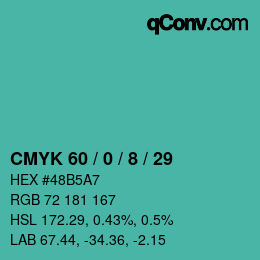 Color code: CMYK 60 / 0 / 8 / 29 | qconv.com