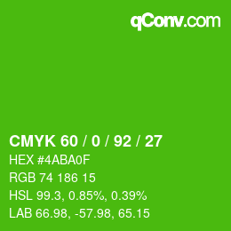 颜色代码: CMYK 60 / 0 / 92 / 27 | qconv.com