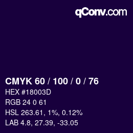 Farbcode: CMYK 60 / 100 / 0 / 76 | qconv.com