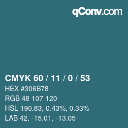 カラーコード: CMYK 60 / 11 / 0 / 53 | qconv.com