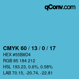 颜色代码: CMYK 60 / 13 / 0 / 17 | qconv.com