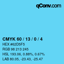 カラーコード: CMYK 60 / 13 / 0 / 4 | qconv.com