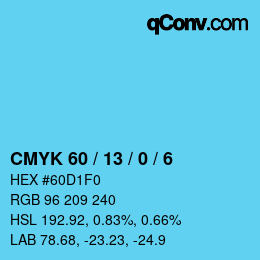カラーコード: CMYK 60 / 13 / 0 / 6 | qconv.com