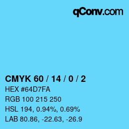 颜色代码: CMYK 60 / 14 / 0 / 2 | qconv.com