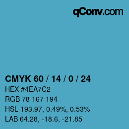 カラーコード: CMYK 60 / 14 / 0 / 24 | qconv.com